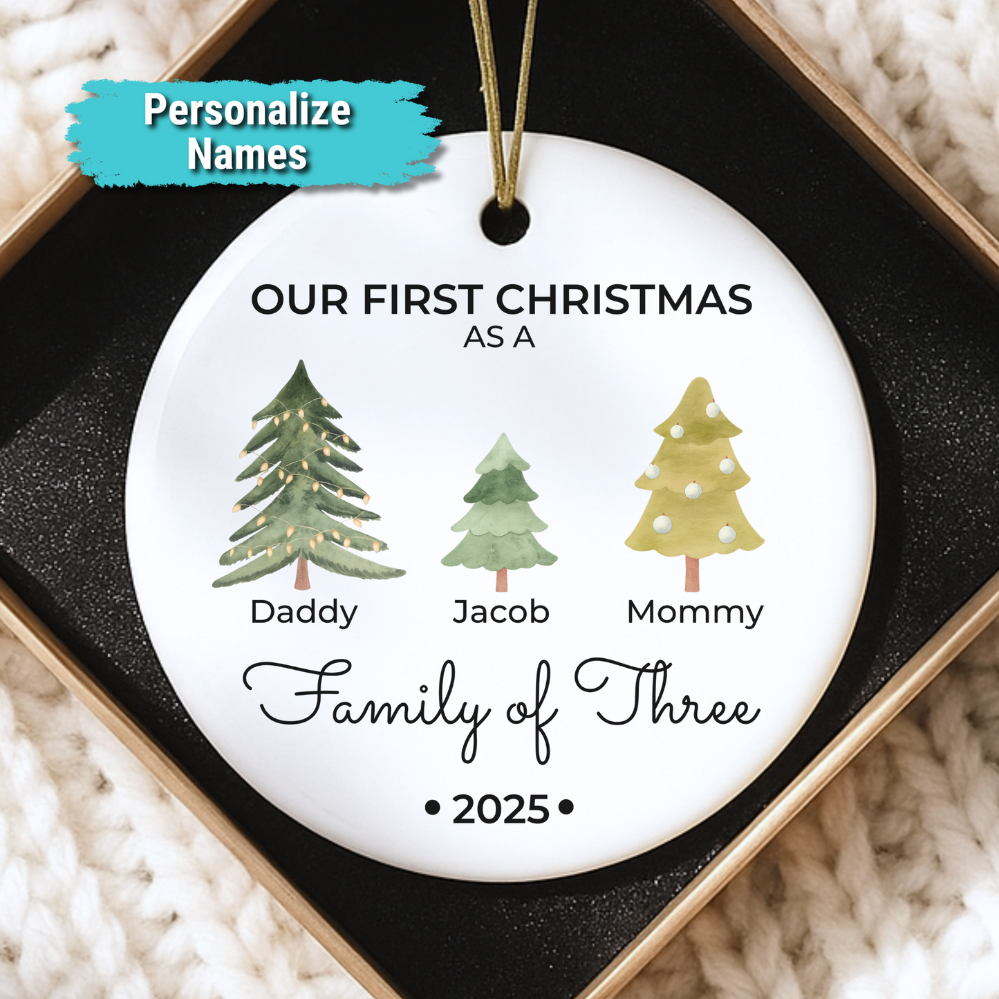 “First Christmas as a Family of Three” 2025 Personalized Ceramic Ornament