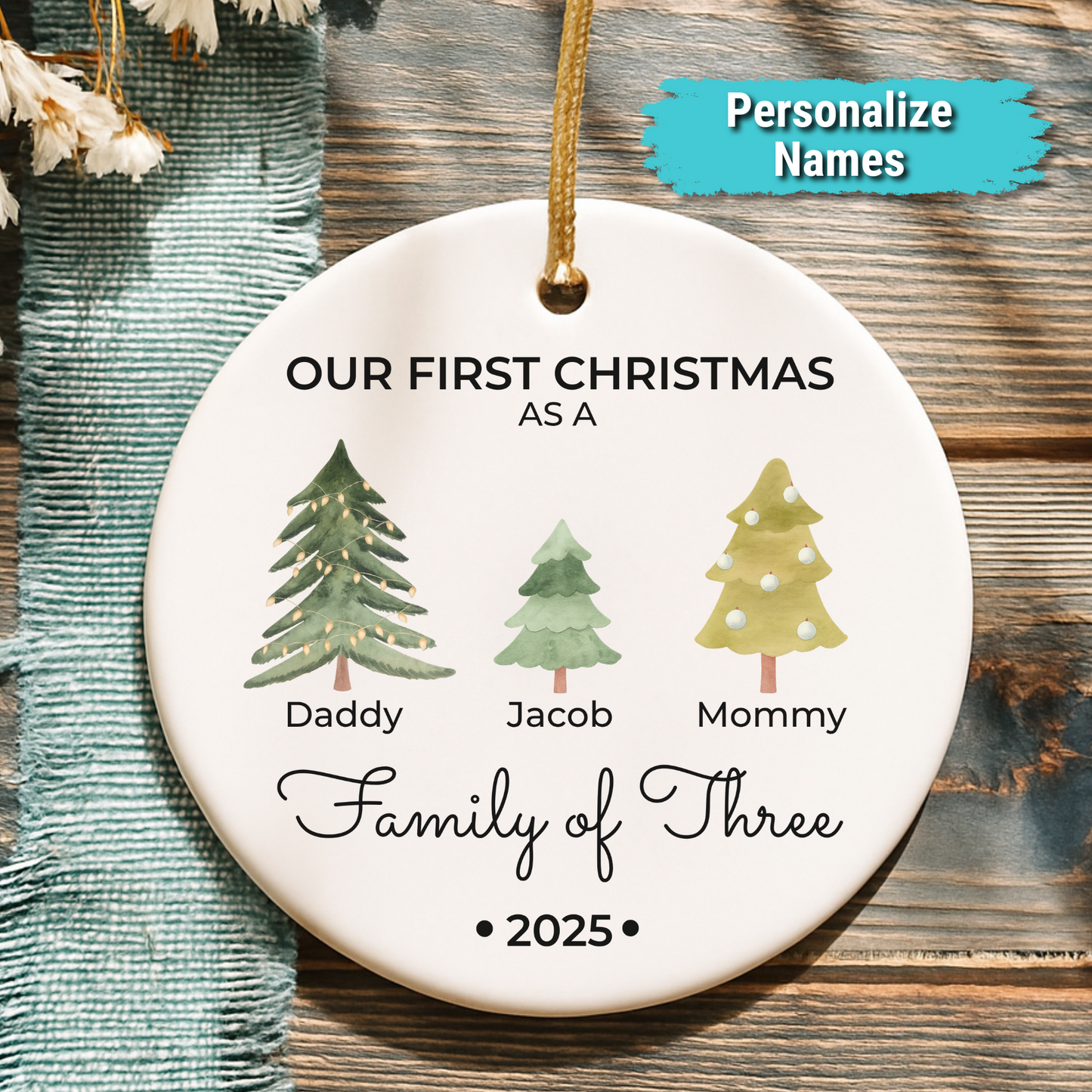 “First Christmas as a Family of Three” 2025 Personalized Ceramic Ornament