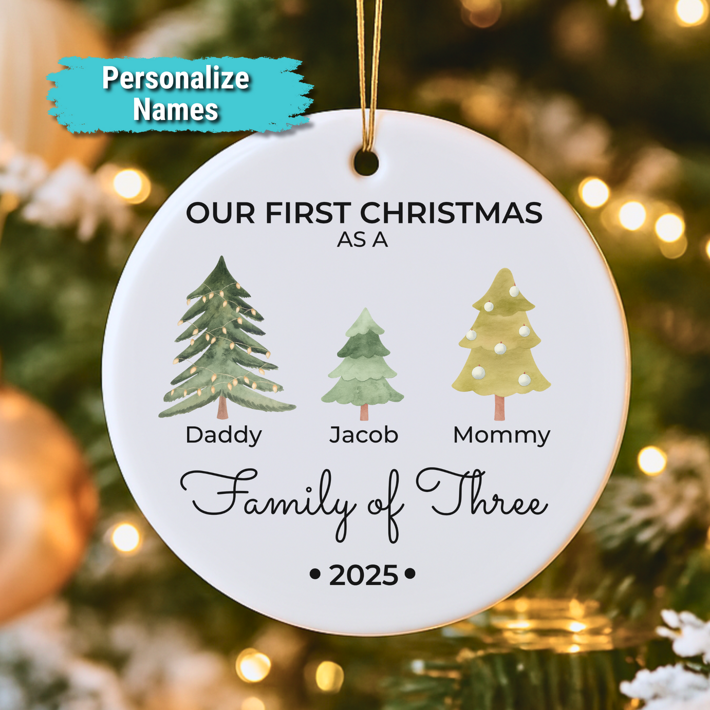 “First Christmas as a Family of Three” 2025 Personalized Ceramic Ornament