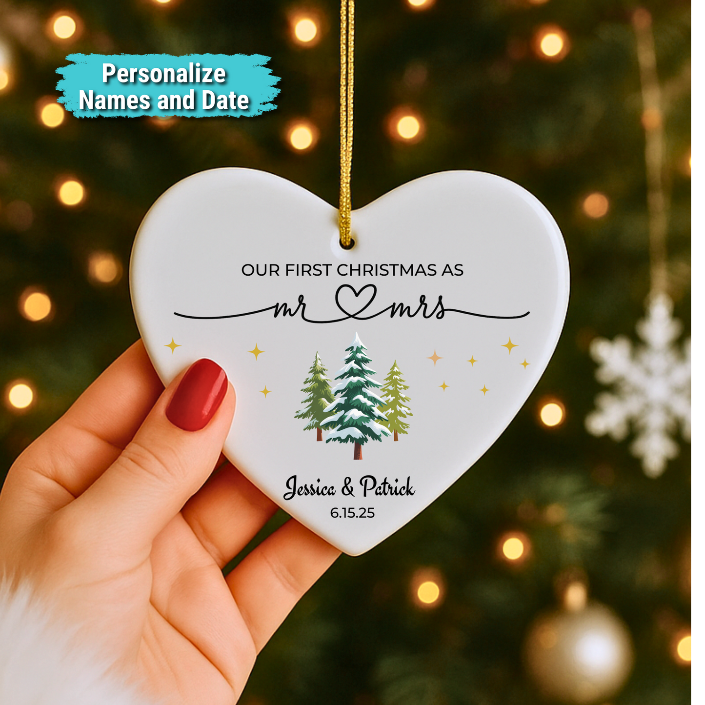 “Our First Christmas as Mr & Mrs” Personalized Keepsake Heart Ornament