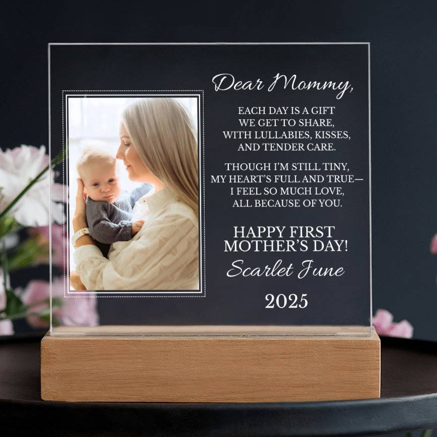 Personalized "First Mother's Day" Plaque with LED Wood Base
