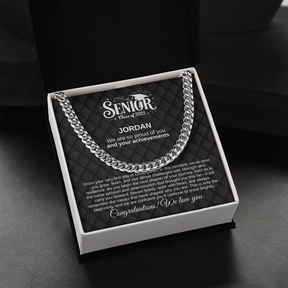Personalized Black Lux 2025 Graduation "We Are So Proud" Cuban Link Necklace
