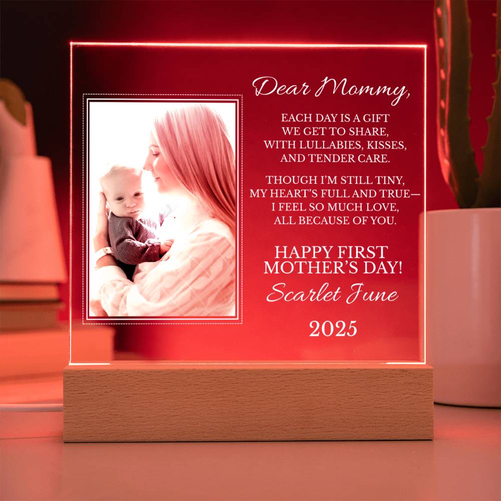 Personalized "First Mother's Day" Plaque with LED Wood Base
