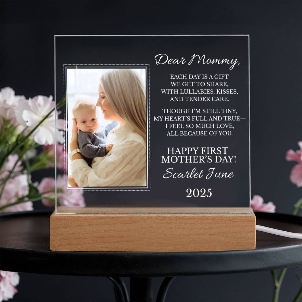Personalized "First Mother's Day" Plaque with LED Wood Base