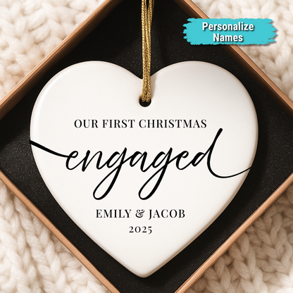"Our First Christmas Engaged 2025" Custom Ceramic Heart Ornament