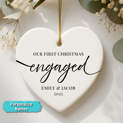 "Our First Christmas Engaged 2025" Custom Ceramic Heart Ornament