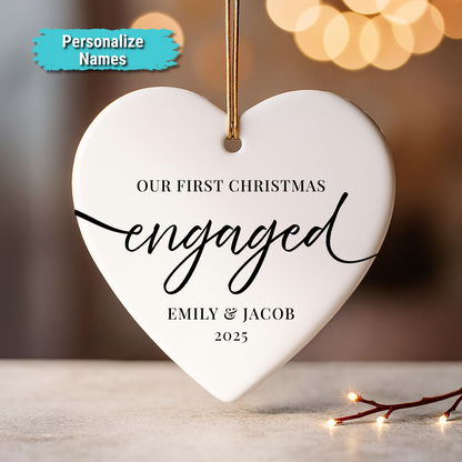 "Our First Christmas Engaged 2025" Custom Ceramic Heart Ornament