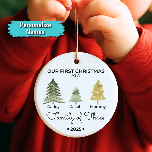 “First Christmas as a Family of Three” 2025 Personalized Ceramic Ornament