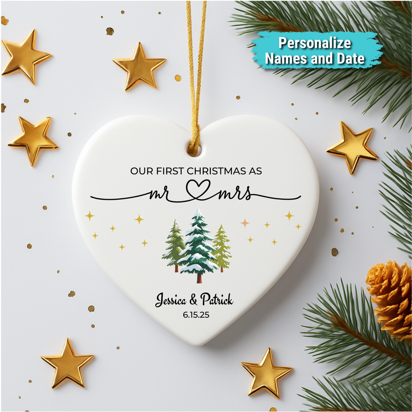 “Our First Christmas as Mr & Mrs” Personalized Keepsake Heart Ornament