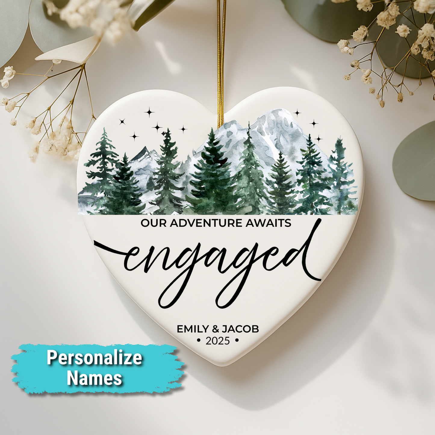“Our Adventure Awaits” Personalized Engagement Ceramic Heart Ornament
