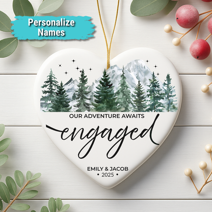 “Our Adventure Awaits” Personalized Engagement Ceramic Heart Ornament
