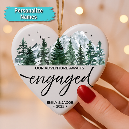 “Our Adventure Awaits” Personalized Engagement Ceramic Heart Ornament