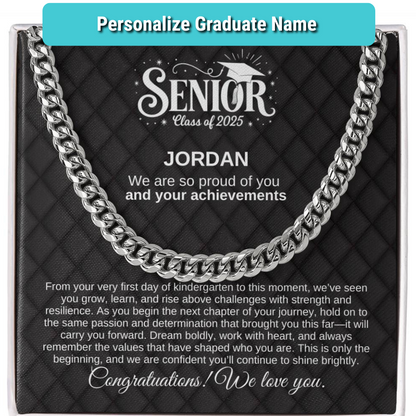Personalized Black Lux 2025 Graduation "We Are So Proud" Cuban Link Necklace