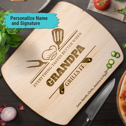Everything Tastes Better When (Name) Grills It | Personalized Hardwood Oval Cutting Board