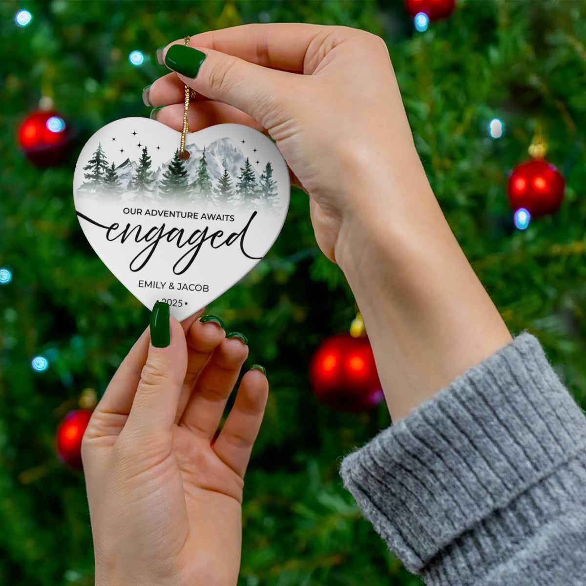 “Our Adventure Awaits” Personalized Engagement Ceramic Heart Ornament