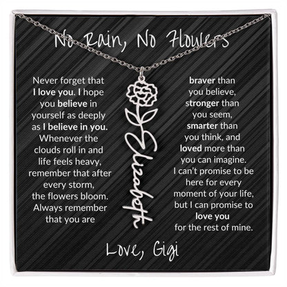 No Rain, No Flowers (BLK)| Personalized Birth-Flower Name Necklace